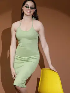 Kotty Women Solid Tie-Up Neck Bodycon Midi Dress