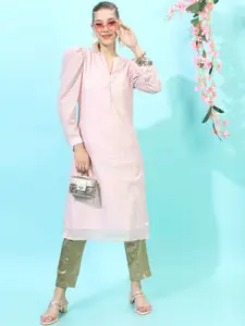 Vishudh Pink Floral Woven Design Mandarin Collar Puff Sleeves Straight Kurta
