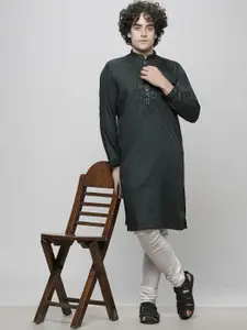 MAAHI FABS Floral Yoke Design Thread Work Mandarin Collar Straight Kurta with Churidar