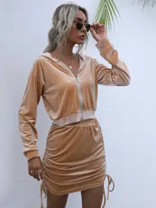 KPOP Khaki Hooded Long Sleeve Sweatshirt & Skirt Co-Ord