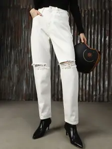 High Star Women Mom Slim High-Rise Heavy Distress Back Elasticated Jeans