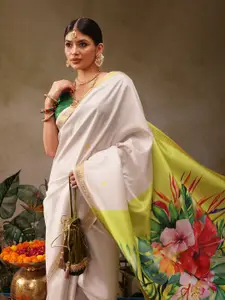 Silk Land Onam Special Floral Printed Kasavu Silk Saree