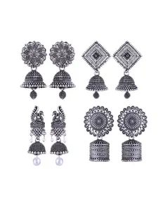 DIVASTRI Set Of 4 Silver-Plated Peacock Shaped Oxidised Jhumkas