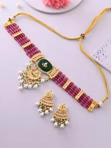 DASTOOR Gold-Plated Kundan-Studded & Beaded Necklace & Earrings