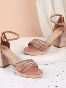 Mochi Women Woven Design Block Heel Sandals with Western - Embellished