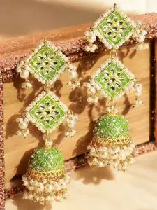 OOMPH Dome Shaped Kundan & Pearls Beaded Meenakari Jhumkas