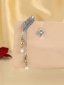 Voylla Silver-Plated Contemporary Qasbah Morpankh Oxidised Mismatch Stud & Drop Earrings