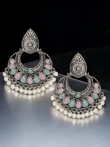 OOMPH Artificial Stones Studded and Beaded Contemporary Oxidised Drop Earrings