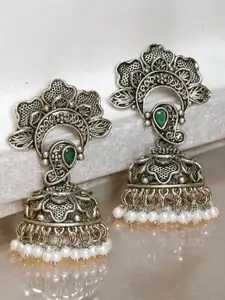 OOMPH Floral Artificial Stones And Beads Studded Oxidised Jhumkas