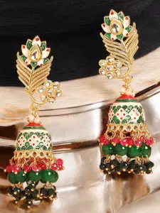 OOMPH Peacock Shaped Artificial Stones & Beads Studded Meenakari Jhumkas