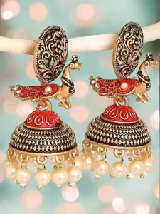 OOMPH Peacock Shaped Stone Studded Meenakari Jhumkas