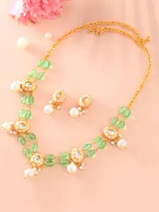 DASTOOR Gold Plated Kundan Stones Studded & Beaded Necklace & Earrings