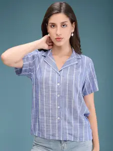 DressBerry Women Modern Cuban Collar Vertical Striped Cotton Casual Shirt