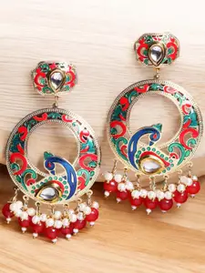 OOMPH Meenakari Kundan Studded & Beaded Peacock Shaped Chandbalis