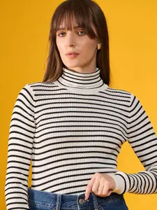 98 Degree North Women Cotton Turtle Neck Striped Pullover Sweater