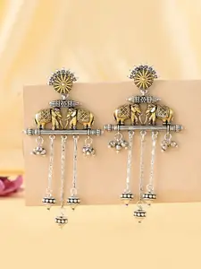 Voylla Qasbah Haathi Mere Sathi Silver-Plated Animal Shaped Oxidised Drop Earrings