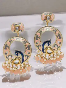 OOMPH Kundan Peacock Shaped Meenakari Chandbalis