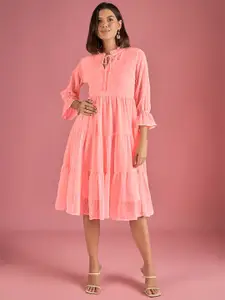 DressBerry Tie-Up Neck Bell Sleeve Georgette Fit & Flare Dress