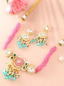DASTOOR Gold-Plated Kundan-Studded & Beaded Necklace & Earrings