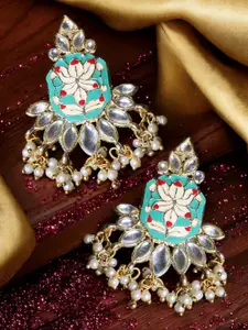 OOMPH Geometric Kundan & Pearls Meenakari Drop Earrings