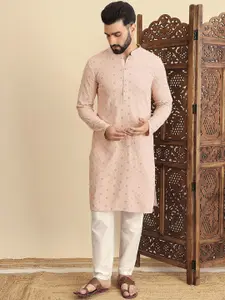 House of Pataudi Geometric Embroidered Mandarin Collar Straight Kurta