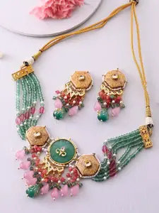 DASTOOR Gold-Plated Kundan-Studded & Beaded Necklace & Earrings