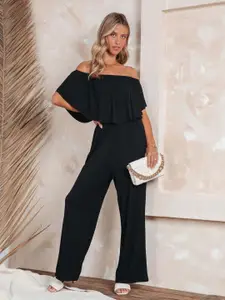 KPOP Women Off-Shoulder Short Sleeves Solid Jumpsuit