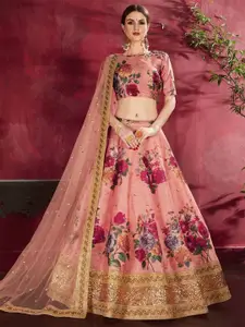 ODETTE Printed Sequinned Semi-Stitched Lehenga & Blouse With Dupatta