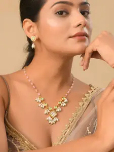 DASTOOR Gold Plated Stones Studded & Beaded Necklace & Earrings