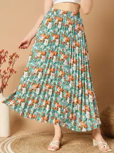 ZWERLON Women Floral Printed Accordion Pleated A-Line Maxi Skirt