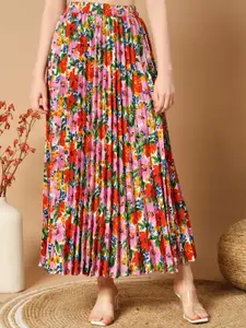 ZWERLON Floral Printed Pleated Maxi A-Line Skirt