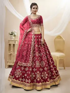 ODETTE Embroidered Mirror Work Semi-Stitched Lehenga & Unstitched Blouse With Dupatta