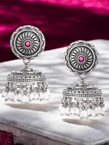 OOMPH Stone Studded & Beaded Oxidised Dome Shaped Jhumkas