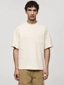 MANGO MAN Drop-Shoulder Sleeves Pure Cotton Pocket Relaxed T-shirt