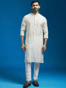 VASTRAMAY Floral Embroidered Thread Work Mandarin Collar Straight Kurta with Pyjamas