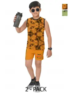 INDIA FASHION FAB Boys Pack Of 2 Printed Round Neck Sleeveless T-Shirt with Shorts