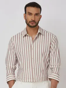 Mufti Men Spread Collar Vertical Stripes Checked Nylon Slim Fit Casual Shirt