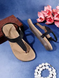 TRASE Women Solid T-Strap Flats with Bows