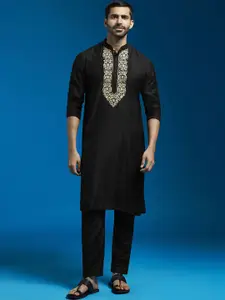 VASTRAMAY Floral Yoke Design Thread Work Mandarin Collar Straight Kurta With Pyjama