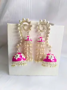 Anouk Pink Gold Plated Kundan Dome Shape Meenakari Jhumkas