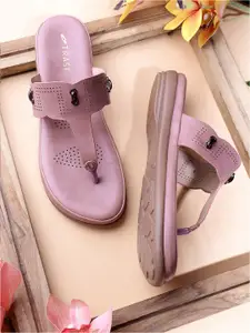 TRASE Women Solid T-Strap Flats with Laser Cuts