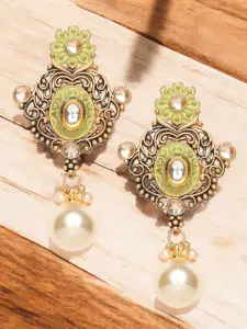 OOMPH Meenakari Enamel Kundan Studded & Pearl Floral Drop Earrings
