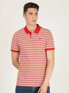 Lee Men White Striped Polo Collar Slim Fit Cotton T-shirt