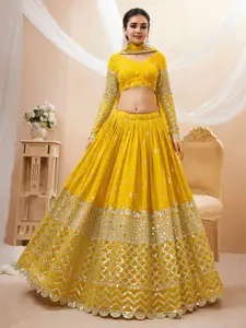 ODETTE Embellished Mirror Work Semi-Stitched Lehenga & Unstitched Blouse With Dupatta