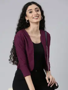 TWIN BIRDS Floral Self Design Three-Quarter Sleeves Pure Cotton Crop Open Front Shrug