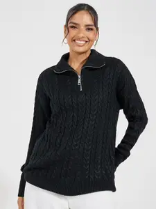 Styli Women Cable Knit Self Design Oversized  Half Zip Pullover Sweater