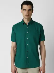 V Dot Men Spread Collar Solid Cotton Slim Fit Casual Shirt