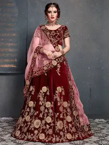 ODETTE Floral Embroidered Sequinned Velvet Semi-Stitched Lehenga & Blouse With Dupatta