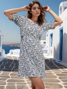 RARE Floral Printed Puff Sleeves Georgette A-Line Mini Dress