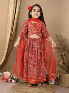 Sangria Girls Katha Printed Lehenga With Top & dupatta
